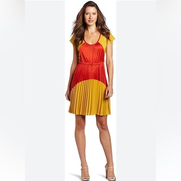 Plenty by Tracy Reese Pleated Colorblock Mini Dress Rust Orange Black S - Picture 7 of 9